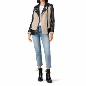 Slate & Willow Womens Large Beige Sherpa Black Genuine Leather Moto Aviator Coat